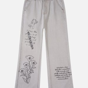 Y2K Aesthetic Eye Flower Print Jeans - Trendy Floral Denim for Unique Outfits