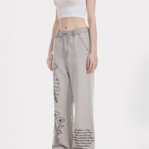 Y2K Aesthetic Eye Flower Print Jeans - Trendy Floral Denim for Unique Outfits