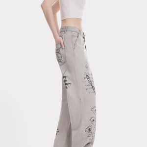 Y2K Aesthetic Eye Flower Print Jeans - Trendy Floral Denim for Unique Outfits