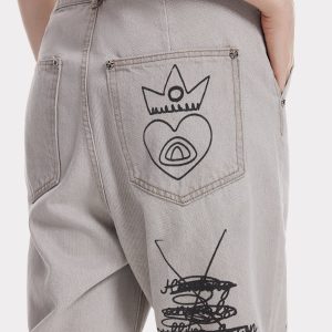 Y2K Aesthetic Eye Flower Print Jeans - Trendy Floral Denim for Unique Outfits