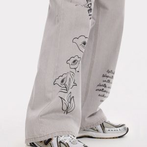 Y2K Aesthetic Eye Flower Print Jeans - Trendy Floral Denim for Unique Outfits