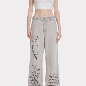 Y2K Aesthetic Eye Flower Print Jeans - Trendy Floral Denim for Unique Outfits