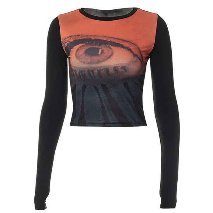 Y2K Aesthetic Eye Print Mesh Top - Trendy Grunge Style for Unique Outfits