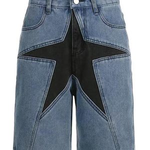 Y2K Aesthetic Five-Pointed Star Splicing Slim Denim Shorts for Trendy Outfits