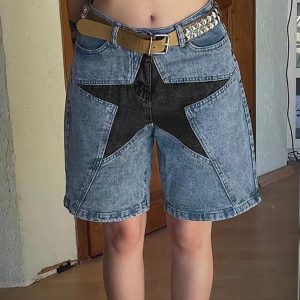 Y2K Aesthetic Five-Pointed Star Splicing Slim Denim Shorts for Trendy Outfits