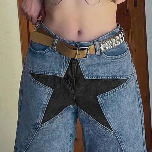 Y2K Aesthetic Five-Pointed Star Splicing Slim Denim Shorts for Trendy Outfits