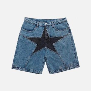 Y2K Aesthetic Five-Pointed Star Splicing Slim Denim Shorts for Trendy Outfits