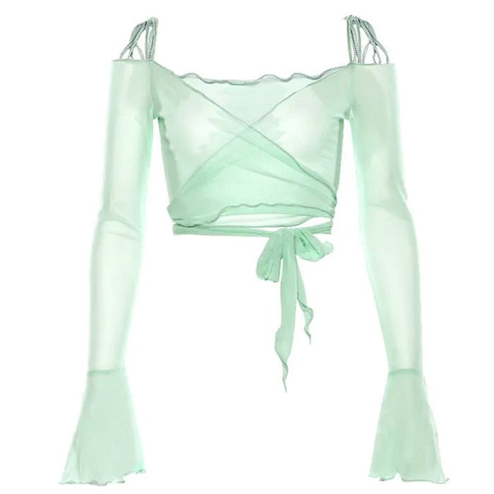 Y2K Aesthetic Flare Sleeve Mesh Top for Trendy Coquette and Grunge Outfits