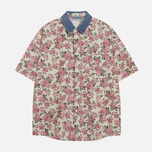 Y2K Aesthetic Flower Corduroy Short Sleeve Shirt for Cute and Comfy Outfits