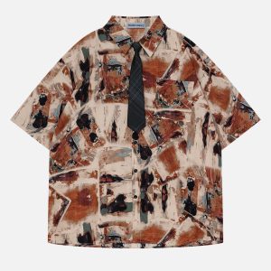 Y2K Aesthetic Graffiti Oil Painting Short Sleeve Shirt for Trendy Outfits