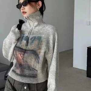 Y2K Aesthetic Half Zip-Up Knitted Sweater for Cozy Vintage Style