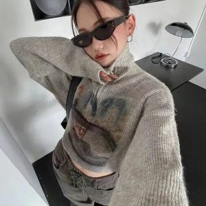 Y2K Aesthetic Half Zip-Up Knitted Sweater for Cozy Vintage Style