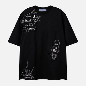 Y2K Aesthetic Irregular Embroidery Tee - Trendy Grunge Style Top for Unique Outfits