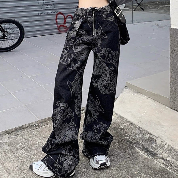 Y2K Aesthetic Japanese Dragon Print Jeans for Trendy Grunge and Coquette Styles