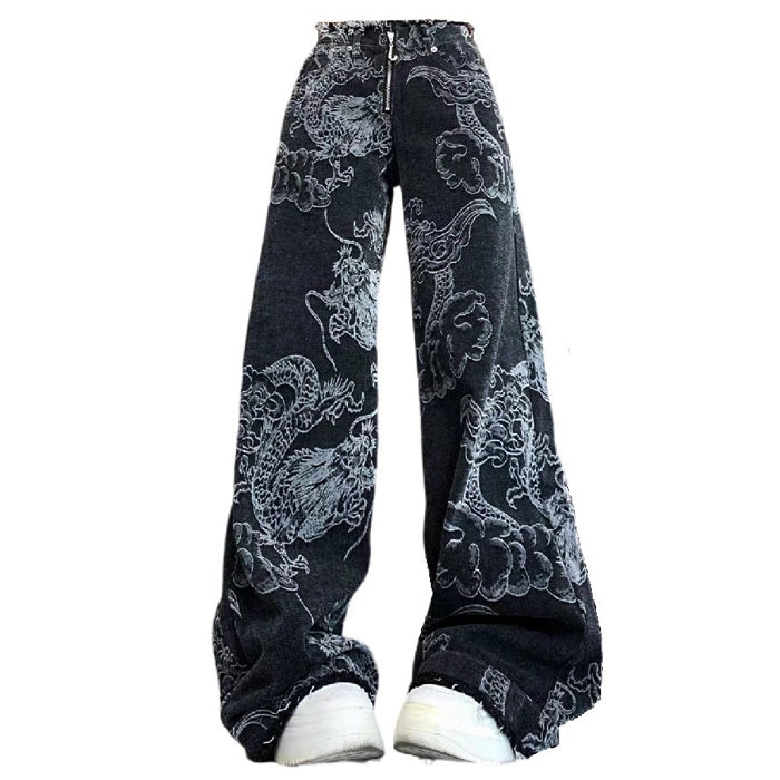 Y2K Aesthetic Japanese Dragon Print Jeans for Trendy Grunge and Coquette Styles