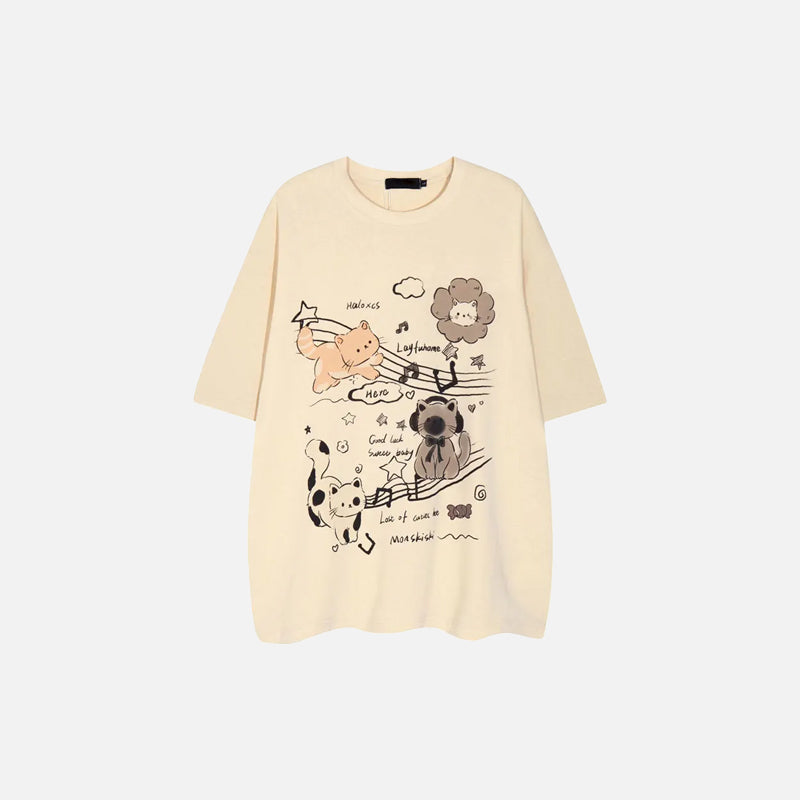 Y2K Aesthetic Kanji Cats Graffiti T-Shirt - Cute Graphic Tee for Trendy Outfits