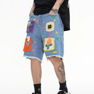 Y2K Aesthetic Knitted Flower Patch Denim Shorts for Cute and Comfy Summer Outfits