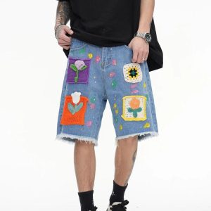 Y2K Aesthetic Knitted Flower Patch Denim Shorts for Cute and Comfy Summer Outfits