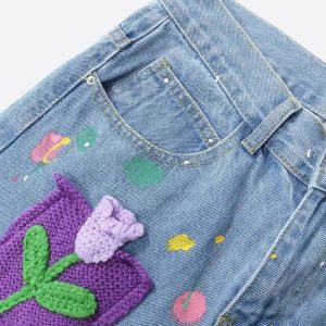 Y2K Aesthetic Knitted Flower Patch Denim Shorts for Cute and Comfy Summer Outfits