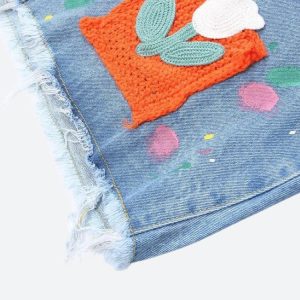 Y2K Aesthetic Knitted Flower Patch Denim Shorts for Cute and Comfy Summer Outfits