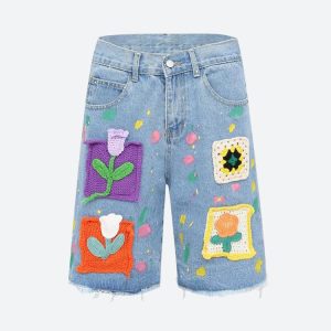 Y2K Aesthetic Knitted Flower Patch Denim Shorts for Cute and Comfy Summer Outfits