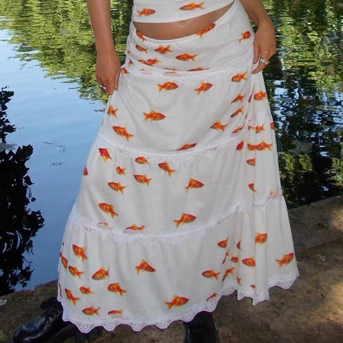 Y2K Aesthetic Koi Fish Maxi Skirt - Trendy Boho Style for Unique Fashion Lovers