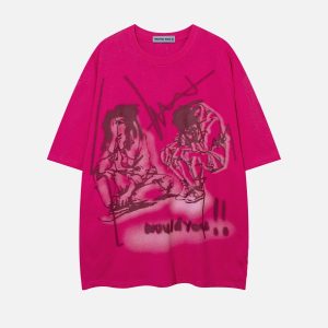 Y2K Aesthetic Line Print Tee - Cute Graphic Top for Coquette and Grunge Styles