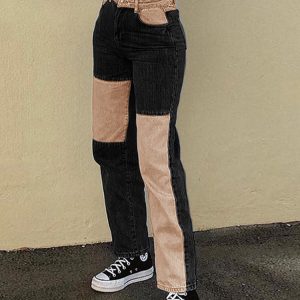 Y2K Aesthetic Panelled Contrast Color Straight Jeans for Trendy Outfits