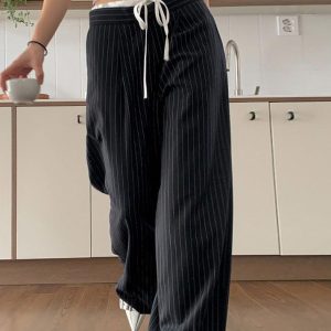 Y2K Aesthetic Patchwork Stripe Contrast Wide Leg Pants for Trendy Outfits