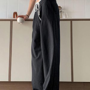 Y2K Aesthetic Patchwork Stripe Contrast Wide Leg Pants for Trendy Outfits