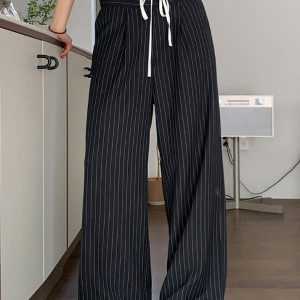 Y2K Aesthetic Patchwork Stripe Contrast Wide Leg Pants for Trendy Outfits