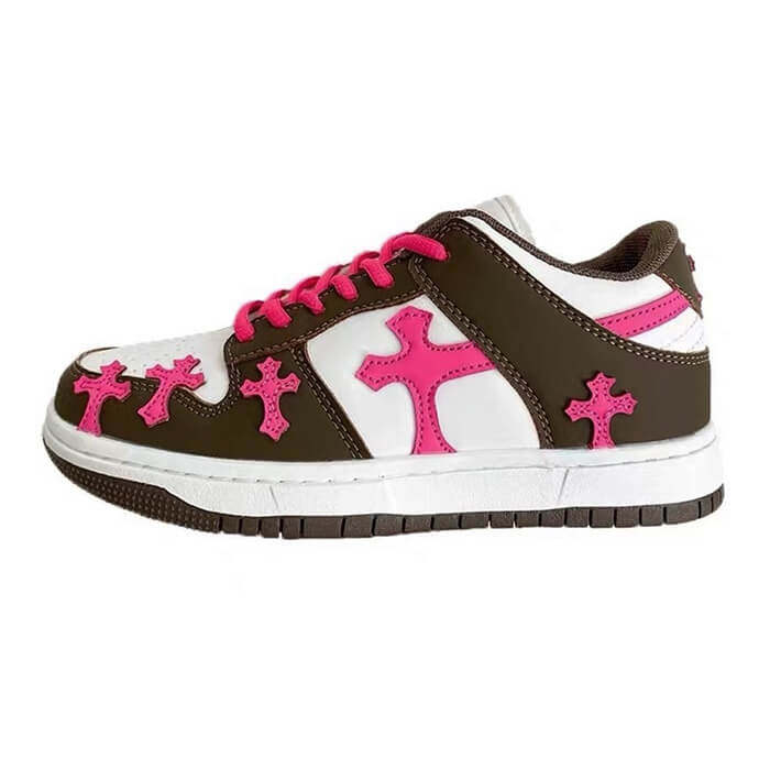 Y2K Aesthetic Pink & Brown Cross Sneakers for Trendy Coquette and Grunge Outfits