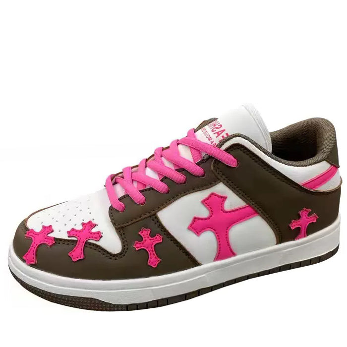 Y2K Aesthetic Pink & Brown Cross Sneakers for Trendy Coquette and Grunge Outfits