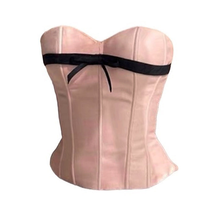 Y2K Aesthetic Pink Satin Bow Corset Top for Cute Coquette Style Outfits