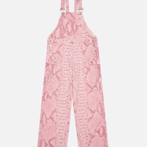 Y2K Aesthetic Pink Snake Pattern Overalls for Trendy Coquette and Grunge Outfits