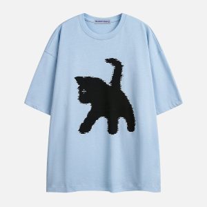 Y2K Aesthetic Pixel Cat Print Tee - Cute Graphic Top for Coquette and Grunge Styles