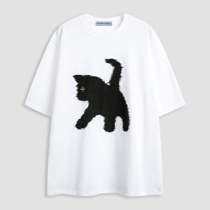 Y2K Aesthetic Pixel Cat Print Tee - Cute Graphic Top for Coquette and Grunge Styles