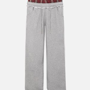 Y2K Aesthetic Plaid Patchwork Sweatpants for Comfy Grunge and Coquette Style