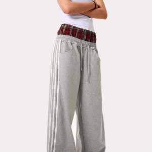 Y2K Aesthetic Plaid Patchwork Sweatpants for Comfy Grunge and Coquette Style