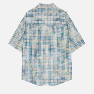 Y2K Aesthetic Plaid Tie Dye Short Sleeve Shirt - Trendy Grunge Style Top for Unique Outfits