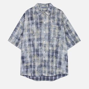 Y2K Aesthetic Plaid Tie Dye Short Sleeve Shirt - Trendy Grunge Style Top for Unique Outfits