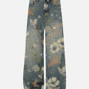 Y2K Aesthetic Plant Flower Print Jeans for Trendy Coquette and Grunge Outfits