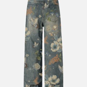 Y2K Aesthetic Plant Flower Print Jeans for Trendy Coquette and Grunge Outfits