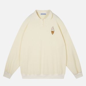 Y2K Aesthetic Rabbit Ice Cream Polo Sweatshirt - Cute and Comfy Vintage Style Top