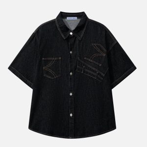 Y2K Aesthetic Reverse Denim Short Sleeve Shirt - Trendy Grunge Style Top for Unique Outfits