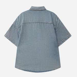 Y2K Aesthetic Reverse Denim Short Sleeve Shirt - Trendy Grunge Style Top for Unique Outfits