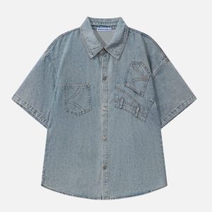 Y2K Aesthetic Reverse Denim Short Sleeve Shirt - Trendy Grunge Style Top for Unique Outfits