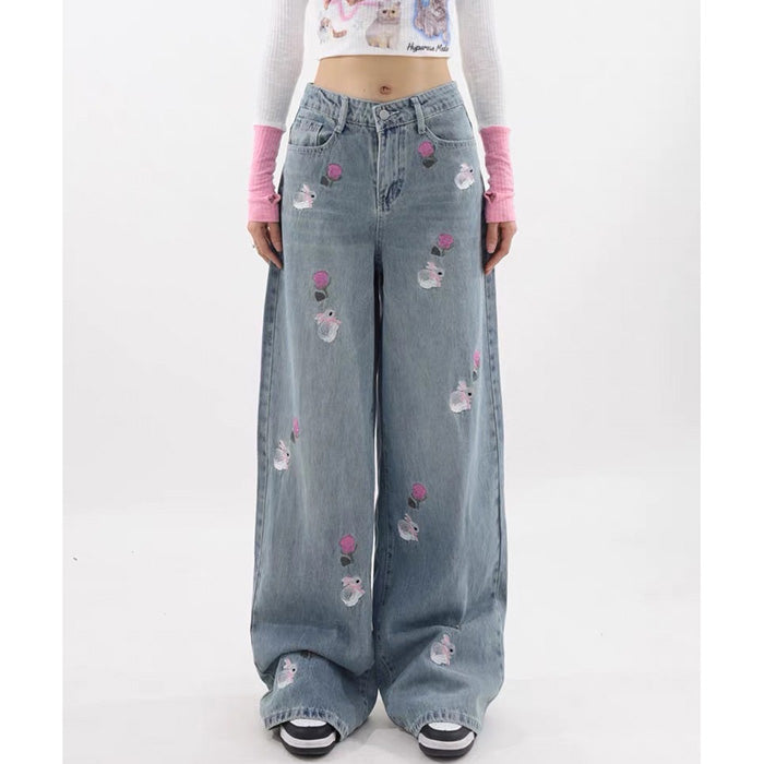 Y2K Aesthetic Rose and Bunny Embroidery Jeans for Cute and Coquette Outfits