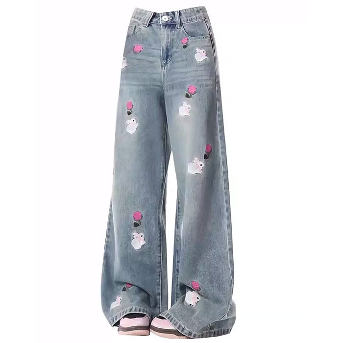 Y2K Aesthetic Rose and Bunny Embroidery Jeans for Cute and Coquette Outfits