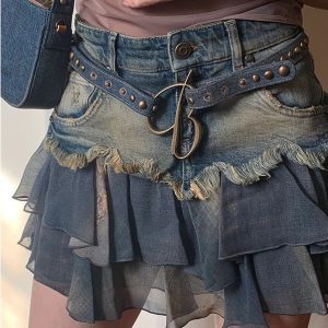 Y2K Aesthetic Ruffled Denim Skirt for Trendy Coquette and Grunge Outfits